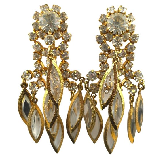 Runway Chandelier Gold-Tone Clip-On Earrings Clear Crystals & Dangle Leaf Charms - Picture 5 of 7